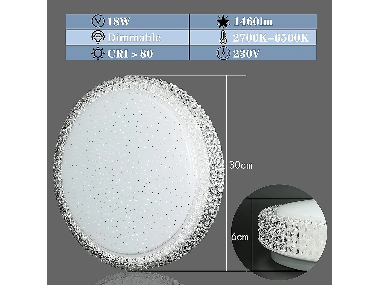 NETTLIFE Plafonnier LEDavec télécommande à intensité variable 18W, diamètre 30cm, ciel étoilé en cristal moderne, adapté pour chambre à coucher, salon