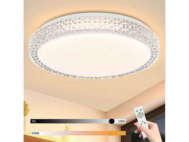 NETTLIFE Plafonnier LEDavec télécommande à intensité variable 18W, diamètre 30cm, ciel étoilé en cristal moderne, adapté pour chambre à coucher, salon