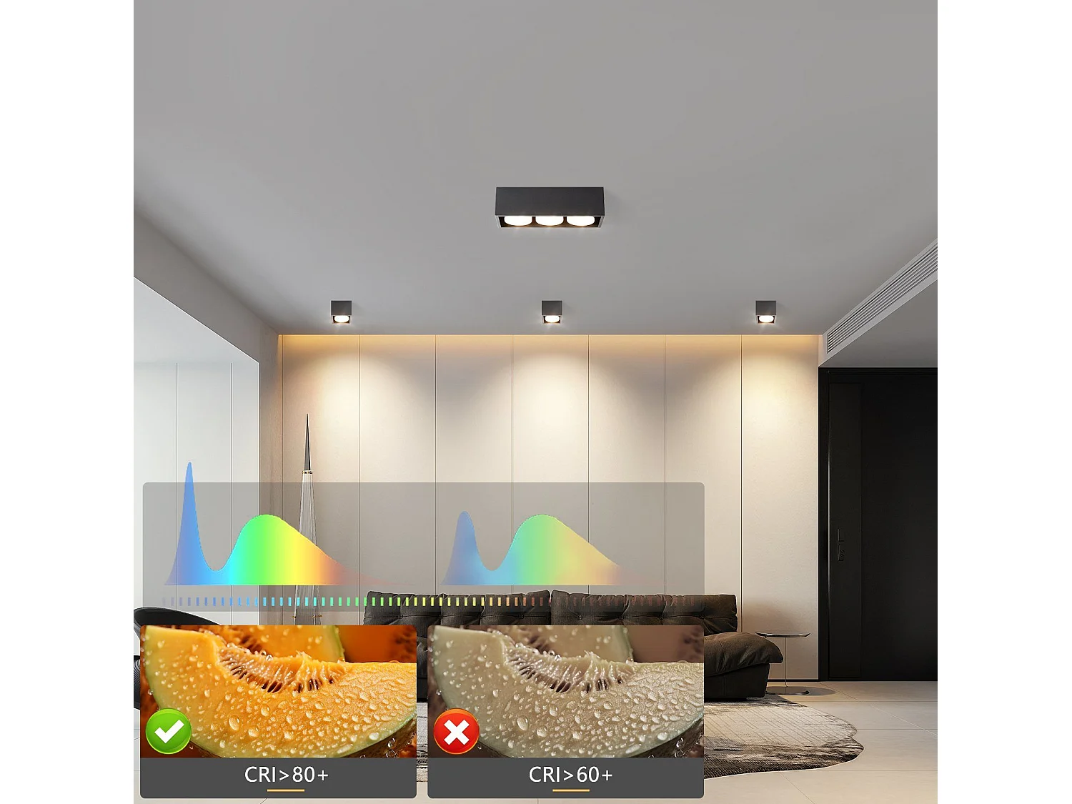 NETTLIFE 3 Spots de plafond en saillie LED carré noir orientables blanc chaud 3x5W GX53 pour cuisine salon salle à manger chambre couloir