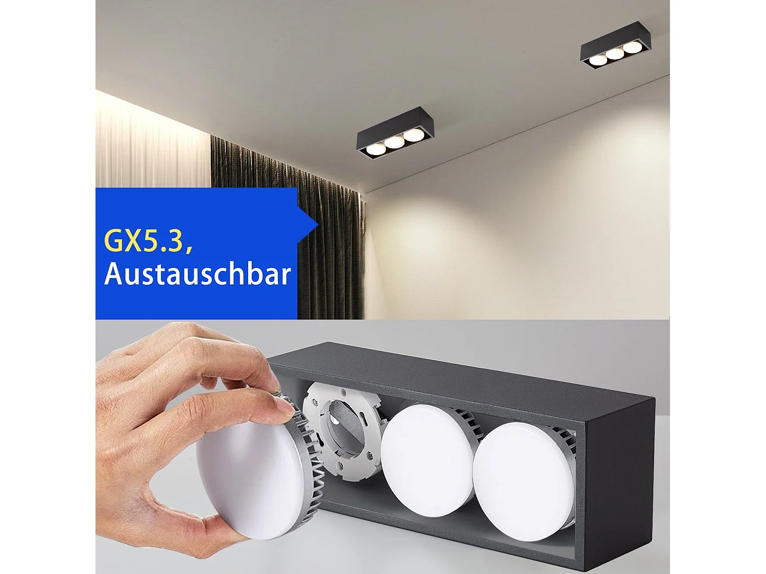 NETTLIFE 3 Spots de plafond en saillie LED carré noir orientables blanc chaud 3x5W GX53 pour cuisine salon salle à manger chambre couloir