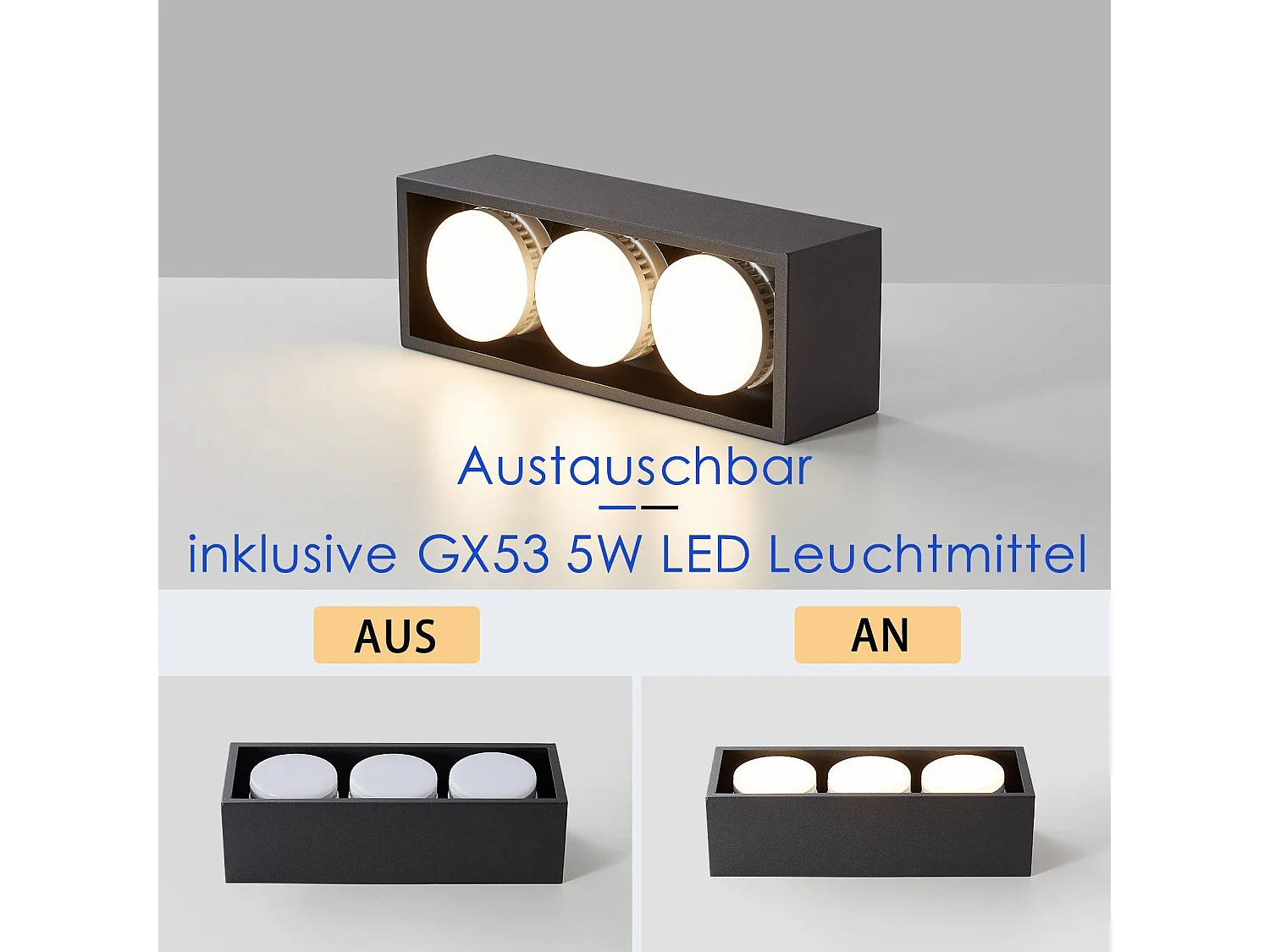 NETTLIFE 3 Spots de plafond en saillie LED carré noir orientables blanc chaud 3x5W GX53 pour cuisine salon salle à manger chambre couloir