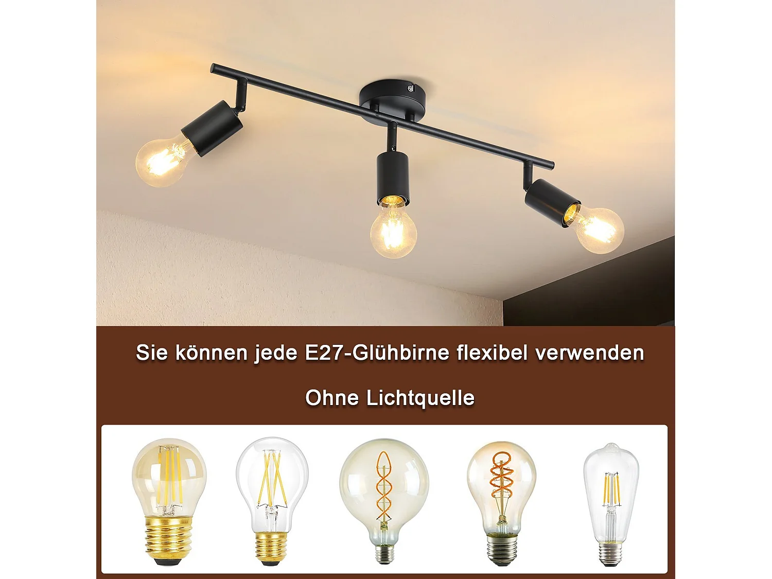 NETTLIFE 3 spots de plafond  noir - lampe industrielle E27 vintage pivotante à 350° pour cuisine salon chambre sans ampoule