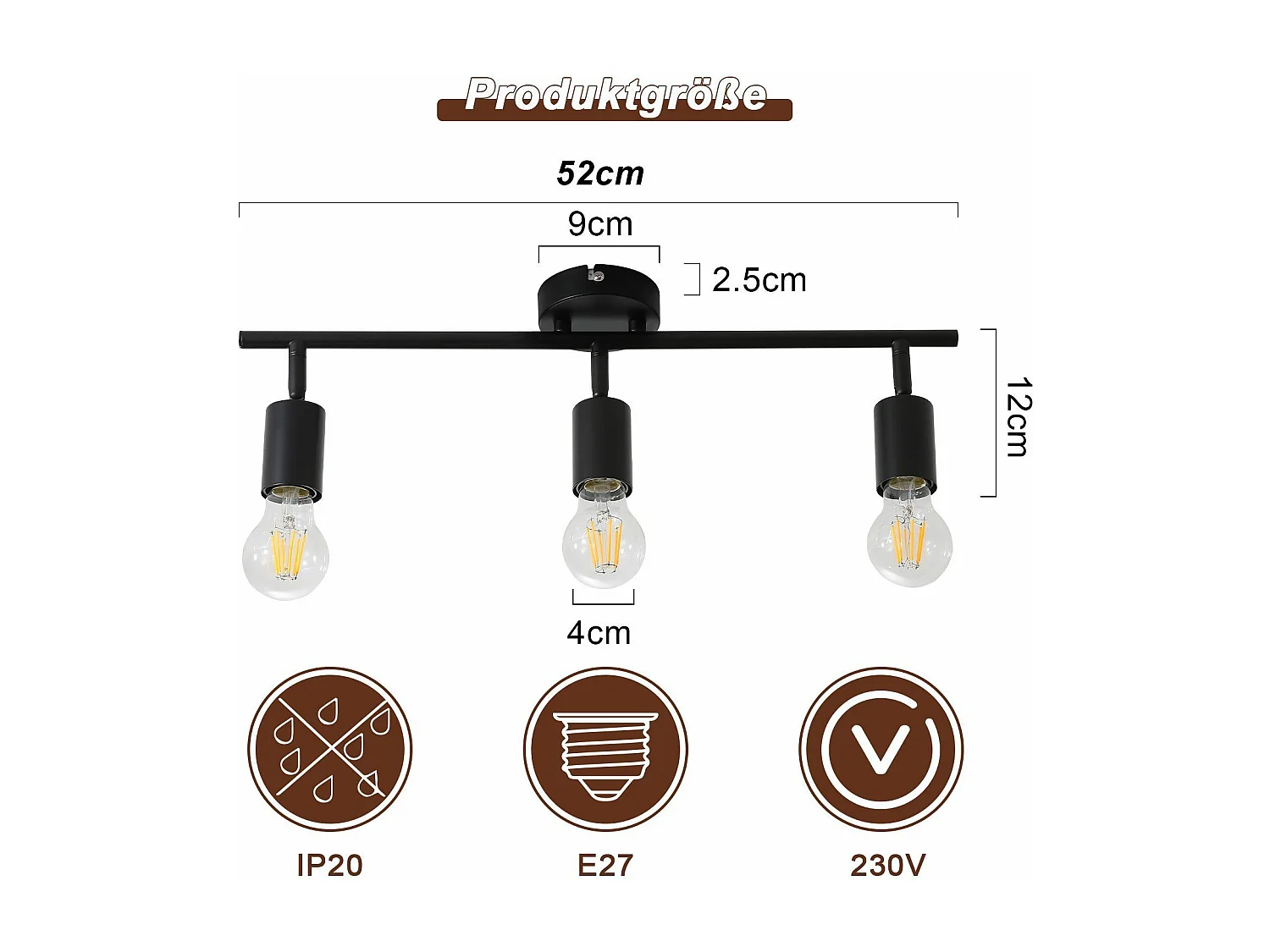 NETTLIFE 3 spots de plafond  noir - lampe industrielle E27 vintage pivotante à 350° pour cuisine salon chambre sans ampoule