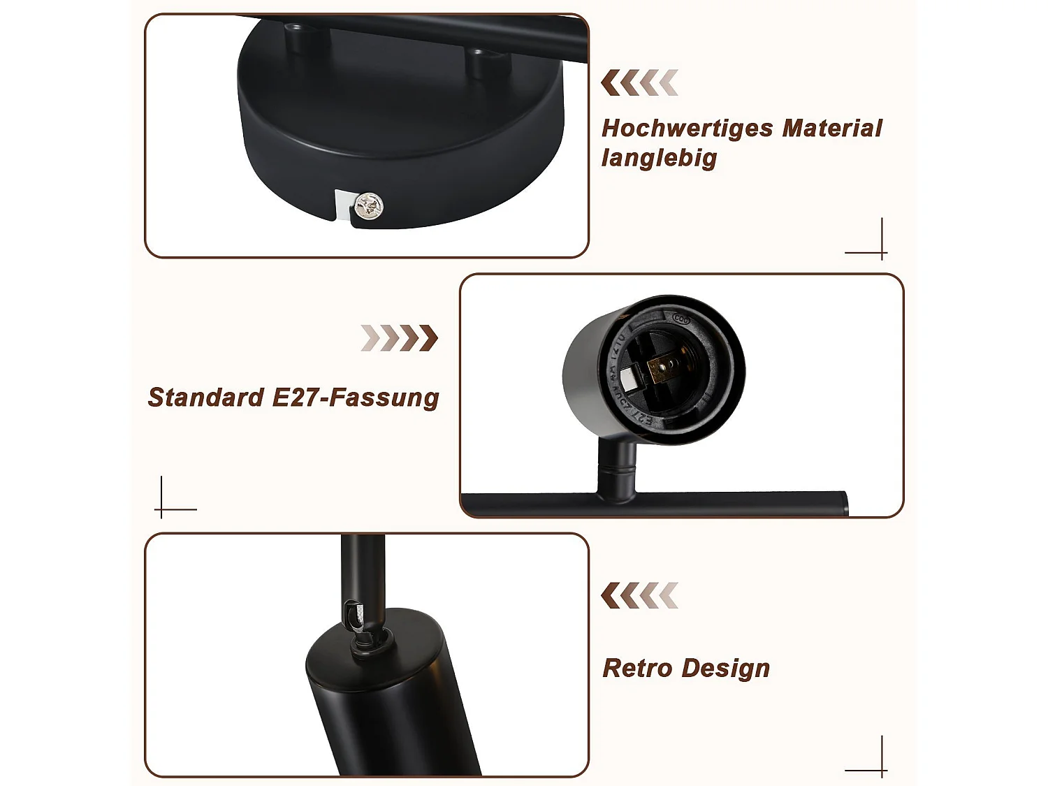 NETTLIFE 3 spots de plafond  noir - lampe industrielle E27 vintage pivotante à 350° pour cuisine salon chambre sans ampoule