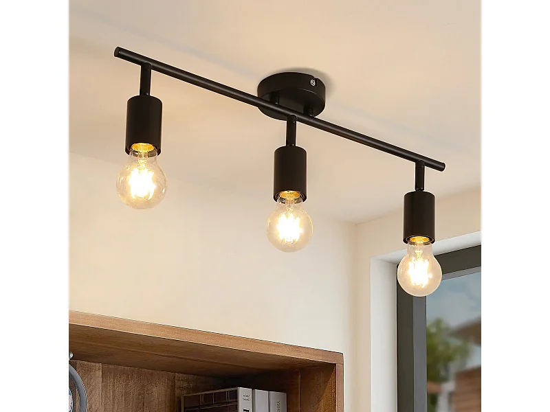 NETTLIFE 3 spots de plafond  noir - lampe industrielle E27 vintage pivotante à 350° pour cuisine salon chambre sans ampoule