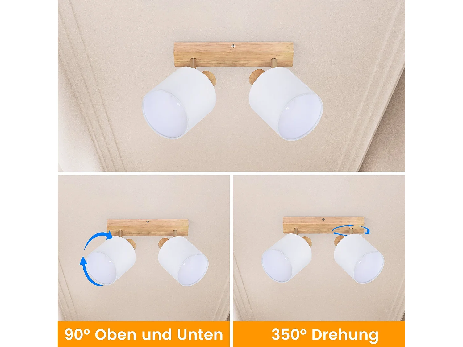 NETTLIFE 2 Focos de Techo Plafón de de Pared de Madera Vintage Orientable a 350° E14 MAX.25W Lámpara para Salón Dormitorio  (Sin Bombilla)