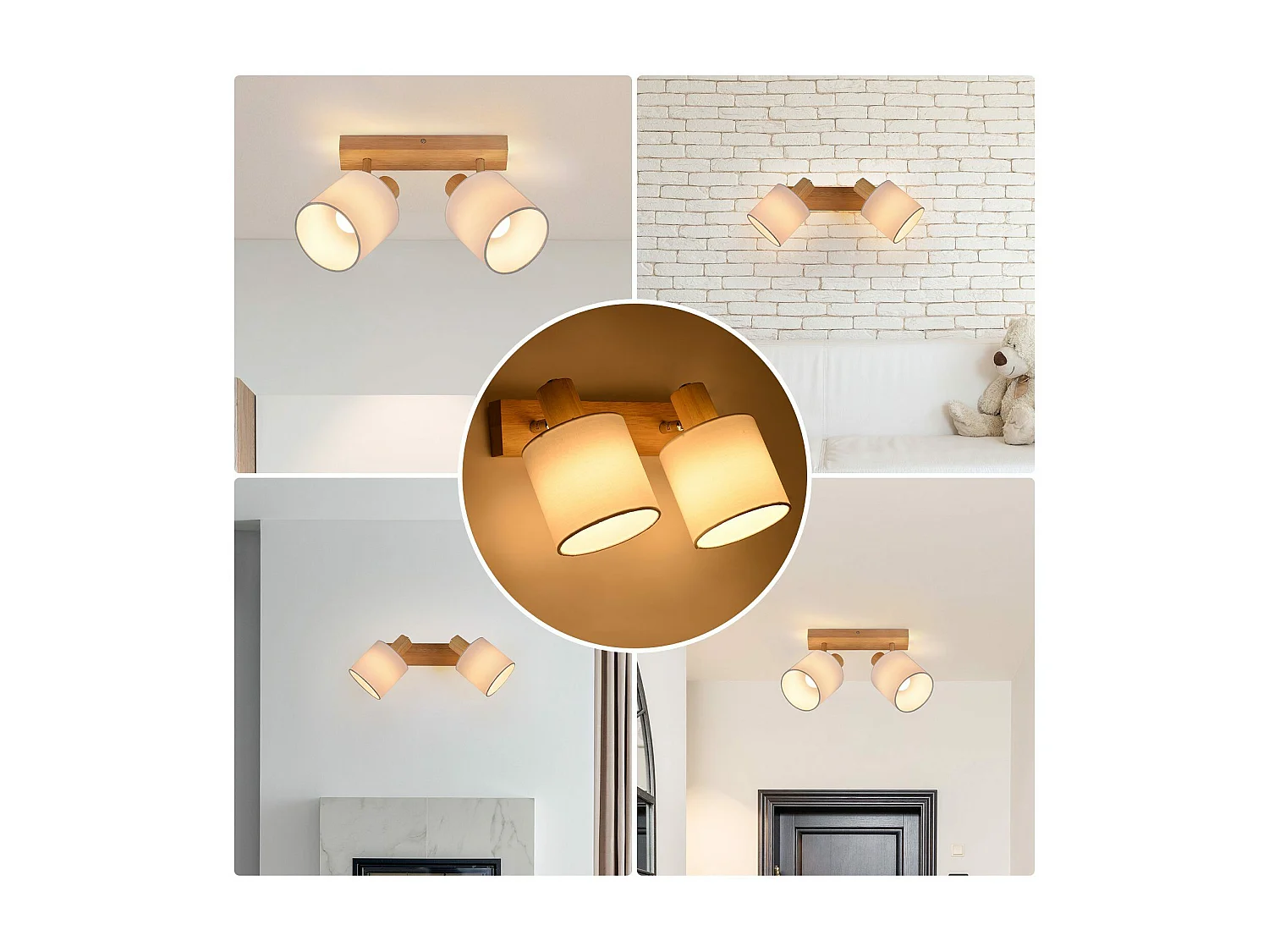 NETTLIFE 2 Focos de Techo Plafón de de Pared de Madera Vintage Orientable a 350° E14 MAX.25W Lámpara para Salón Dormitorio  (Sin Bombilla)