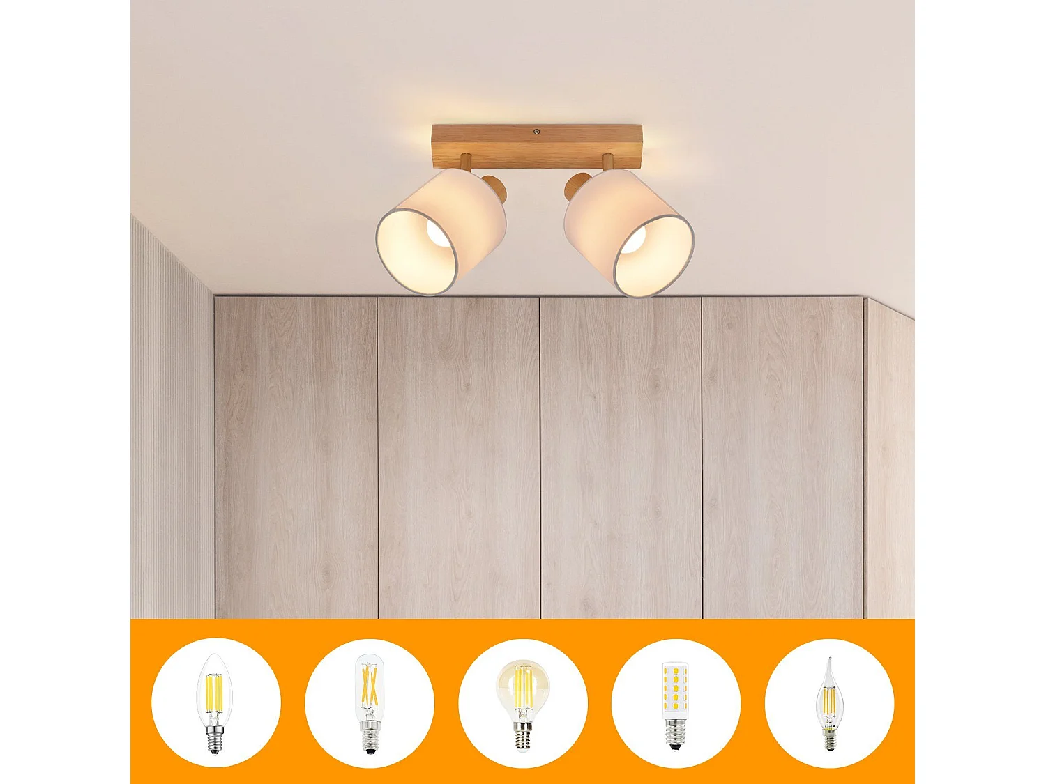 NETTLIFE 2 Focos de Techo Plafón de de Pared de Madera Vintage Orientable a 350° E14 MAX.25W Lámpara para Salón Dormitorio  (Sin Bombilla)