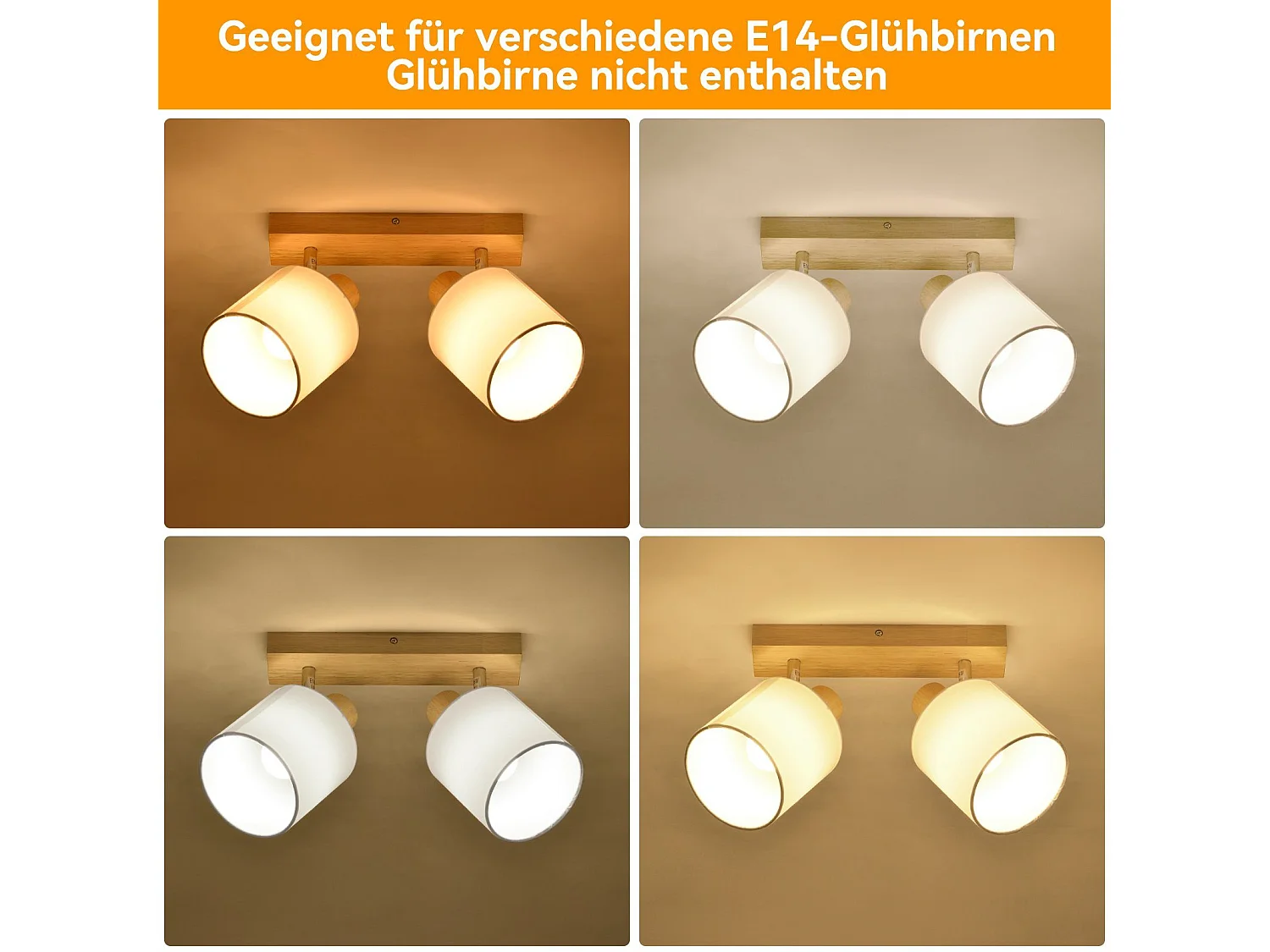 NETTLIFE 2 Spots de plafond plafonnier couloir mural en bois vintage orientable à 350°E14 MAX.25W lampe pour salon chambre cuisine (sans ampoule)