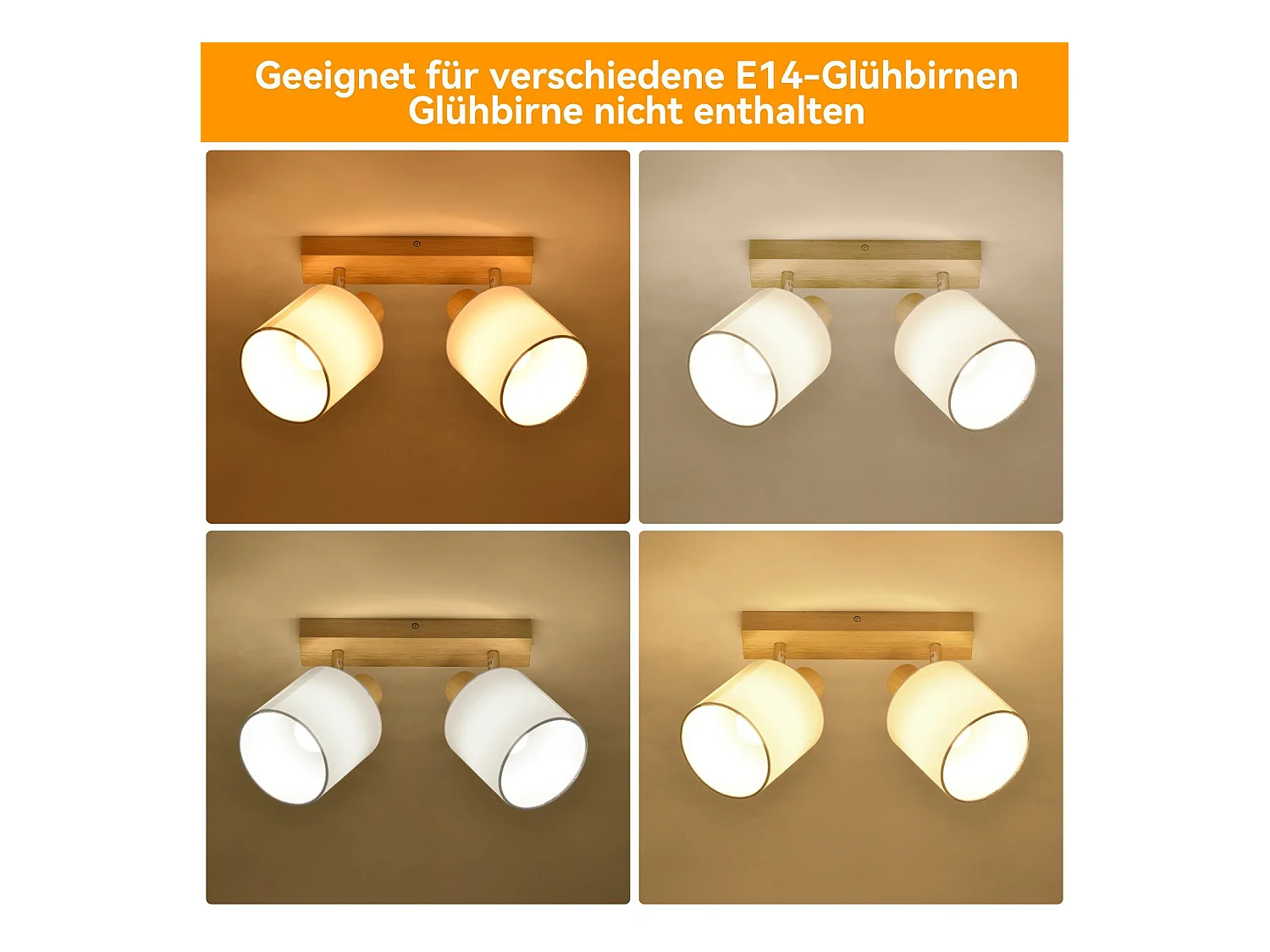 NETTLIFE 2 Spots de plafond plafonnier couloir mural en bois vintage orientable à 350°E14 MAX.25W lampe pour salon chambre cuisine (sans ampoule)