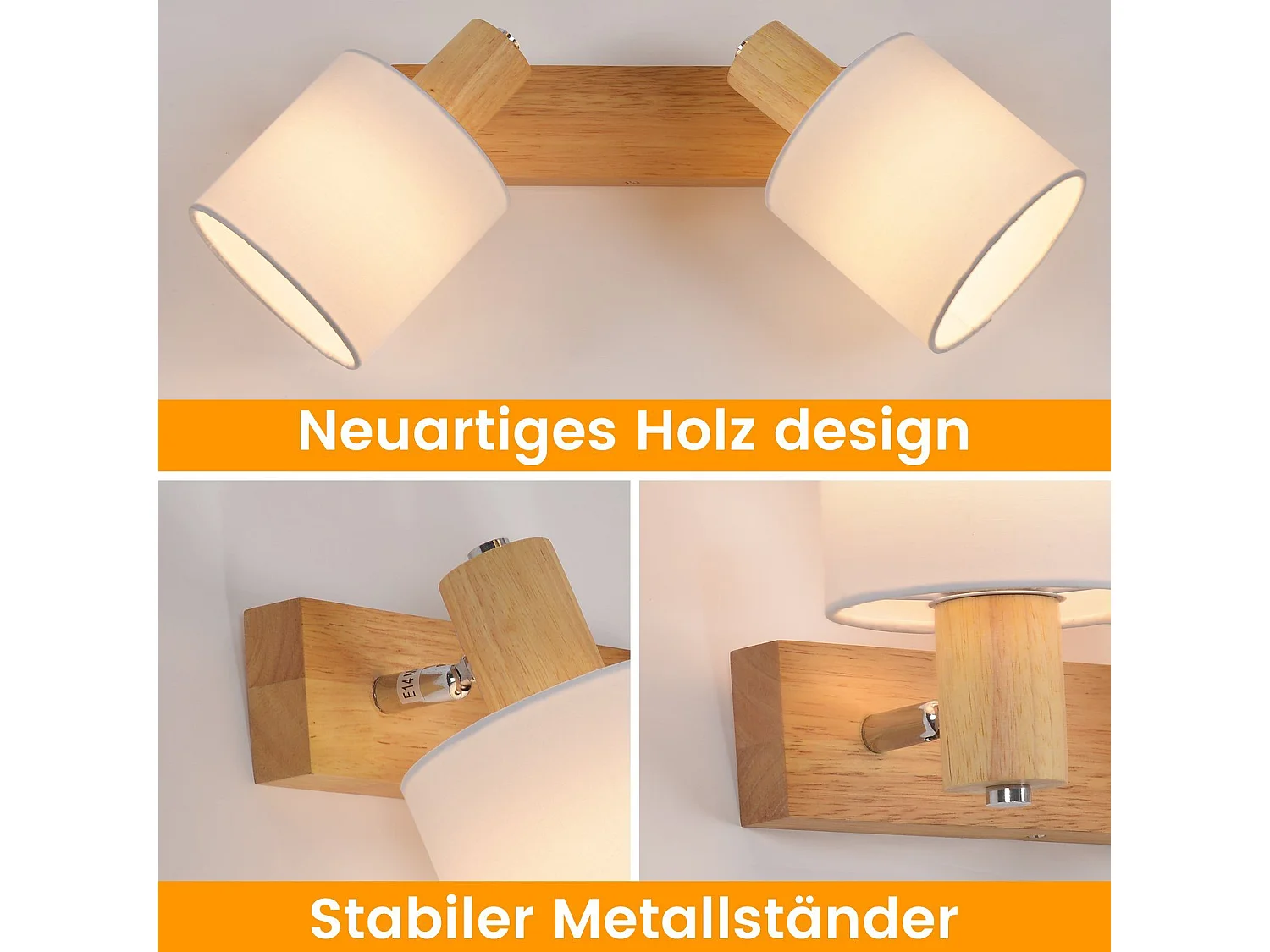 NETTLIFE 2 Spots de plafond plafonnier couloir mural en bois vintage orientable à 350°E14 MAX.25W lampe pour salon chambre cuisine (sans ampoule)