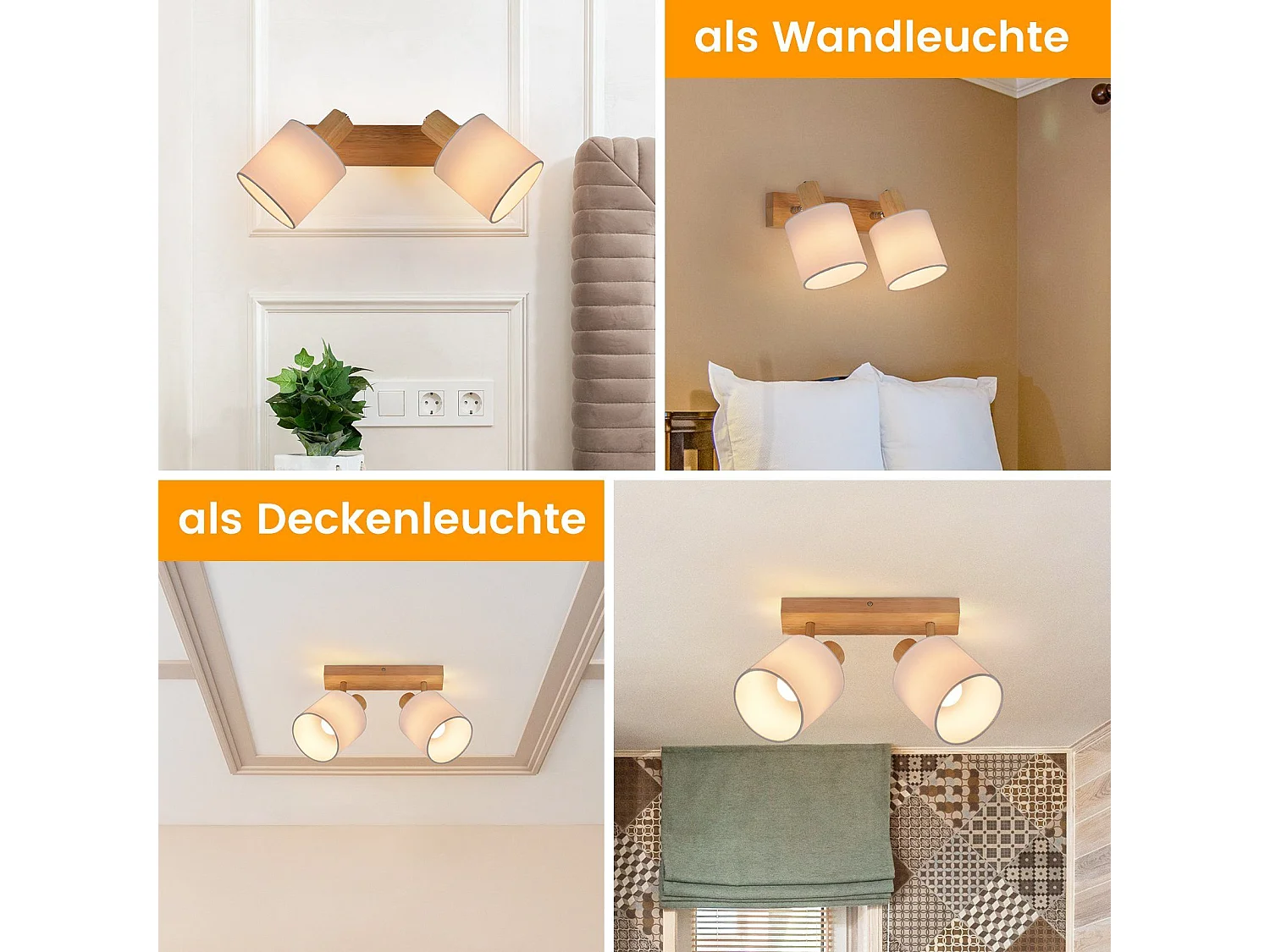 NETTLIFE 2 Spots de plafond plafonnier couloir mural en bois vintage orientable à 350°E14 MAX.25W lampe pour salon chambre cuisine (sans ampoule)