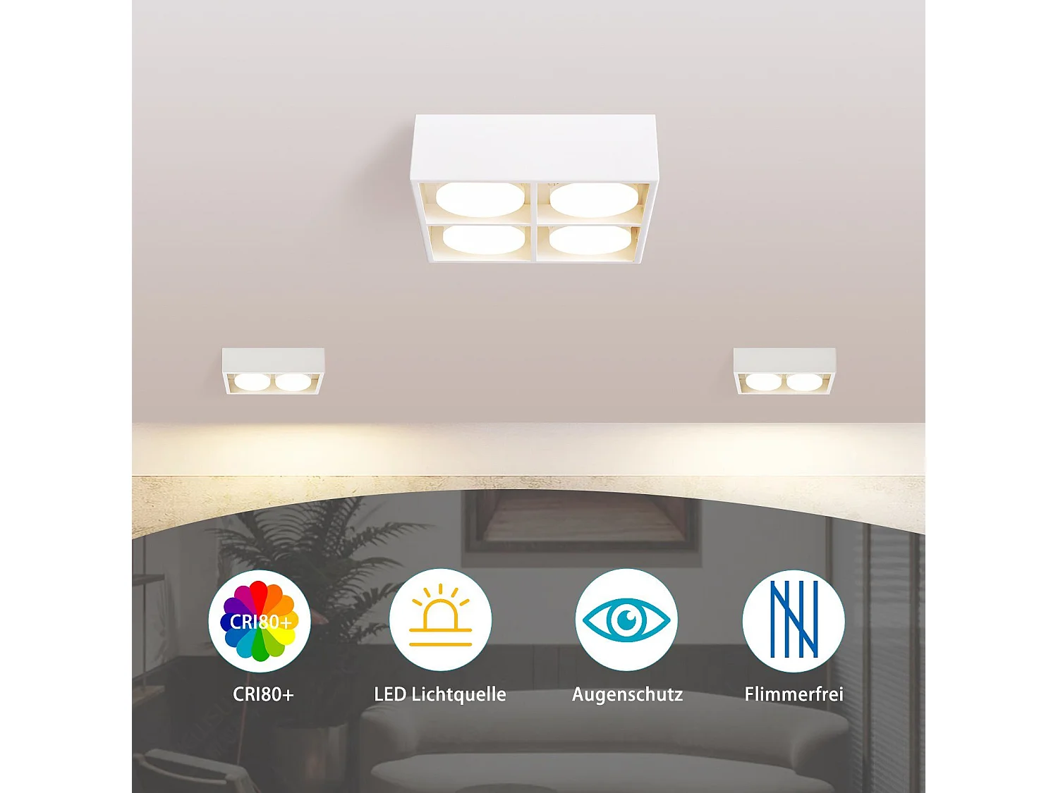NETTLIFE 4 Spots de plafond LED en saillie orientables blanc chaud GX53 4x5W carrés modernes pour salon salle à manger bureau cuisine couloir