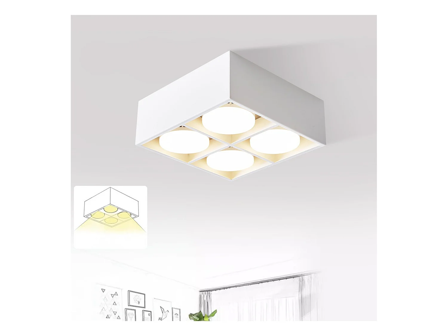 NETTLIFE 4 Spots de plafond LED en saillie orientables blanc chaud GX53 4x5W carrés modernes pour salon salle à manger bureau cuisine couloir