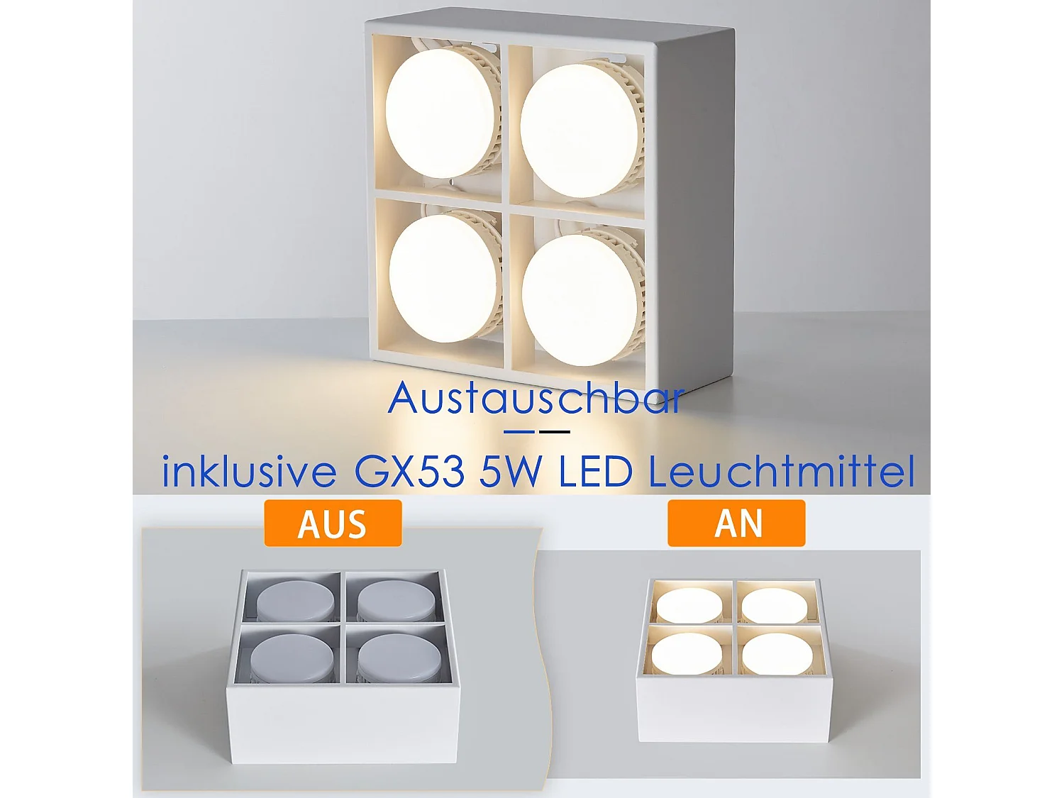 NETTLIFE 4 Spots de plafond LED en saillie orientables blanc chaud GX53 4x5W carrés modernes pour salon salle à manger bureau cuisine couloir