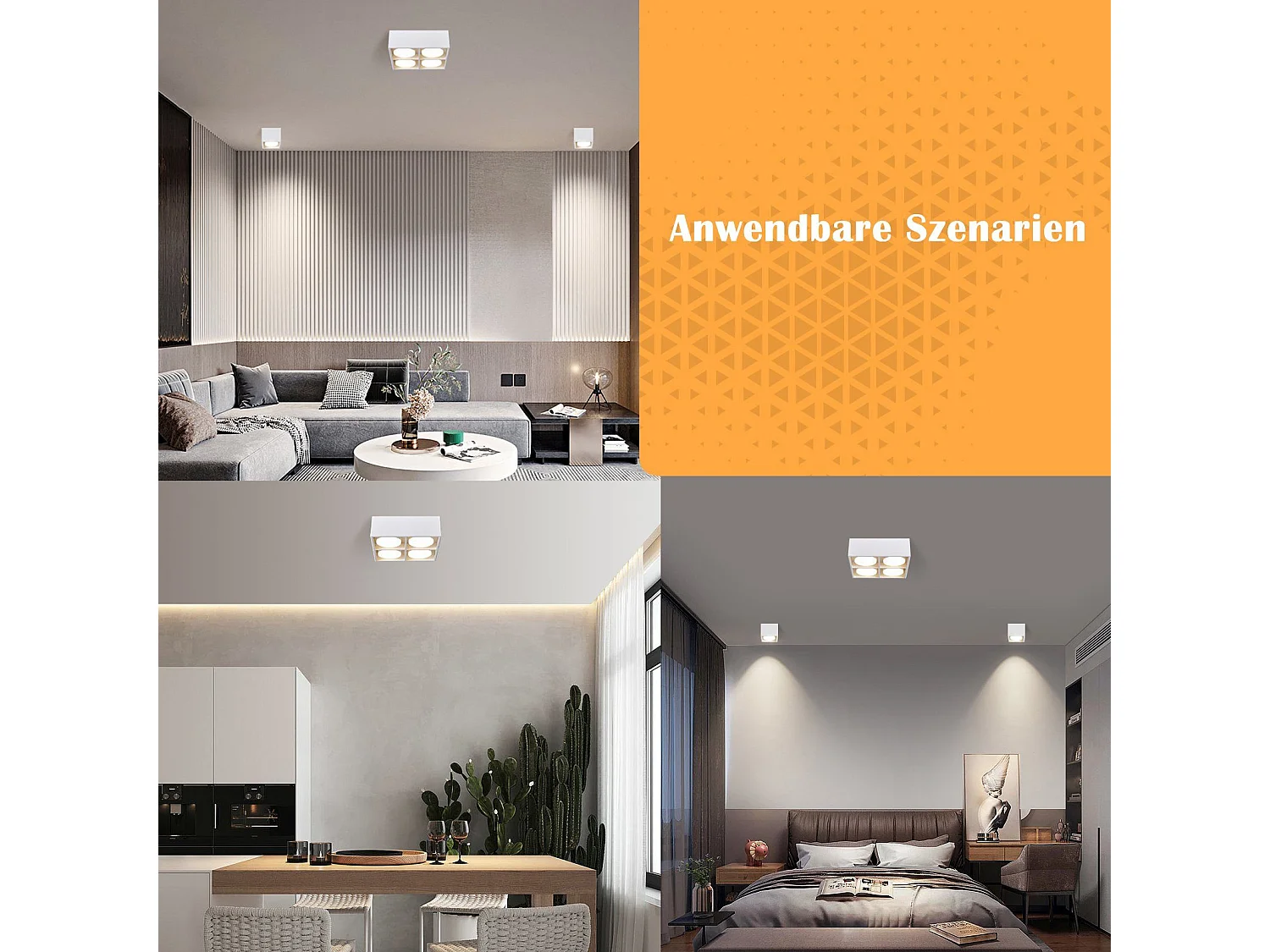 NETTLIFE 4 Spots de plafond LED en saillie orientables blanc chaud GX53 4x5W carrés modernes pour salon salle à manger bureau cuisine couloir