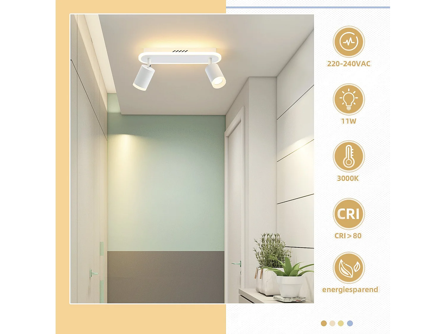NETTLIFE 2 spots de plafond LED blanc chaud GU10 en métal orientables à 330° pour chambre couloir salle à manger cuisine salon