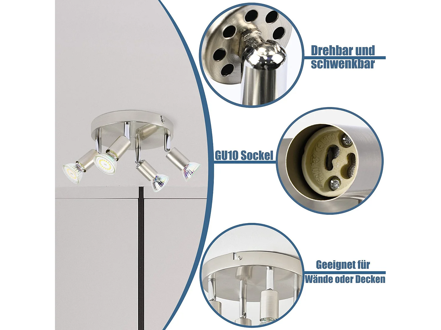 NETTLIFE Opbouwspot - rond - 4-Lichts - GU10 Fitting - nikkel - Moderne Plafondlamp - Plafondspot - voor Hal | Slaafkamer | Kantoor | Woonkamer - Zonder Lichtborn