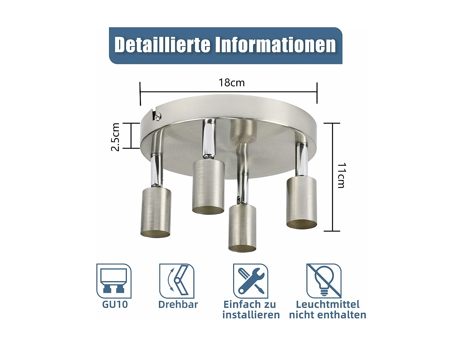 NETTLIFE Opbouwspot - rond - 4-Lichts - GU10 Fitting - nikkel - Moderne Plafondlamp - Plafondspot - voor Hal | Slaafkamer | Kantoor | Woonkamer - Zonder Lichtborn