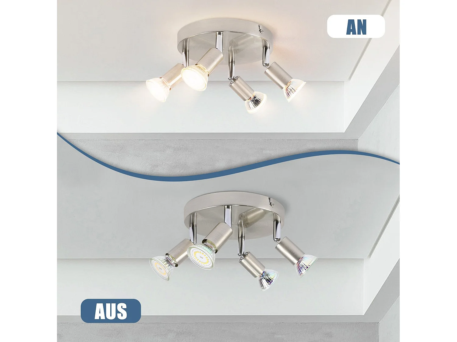 NETTLIFE 4 spots de plafond LED  orientables à 350° GU10 en métal nickel, lampe moderne pour salon chambre cuisine salle à manger couloir max 4x25W