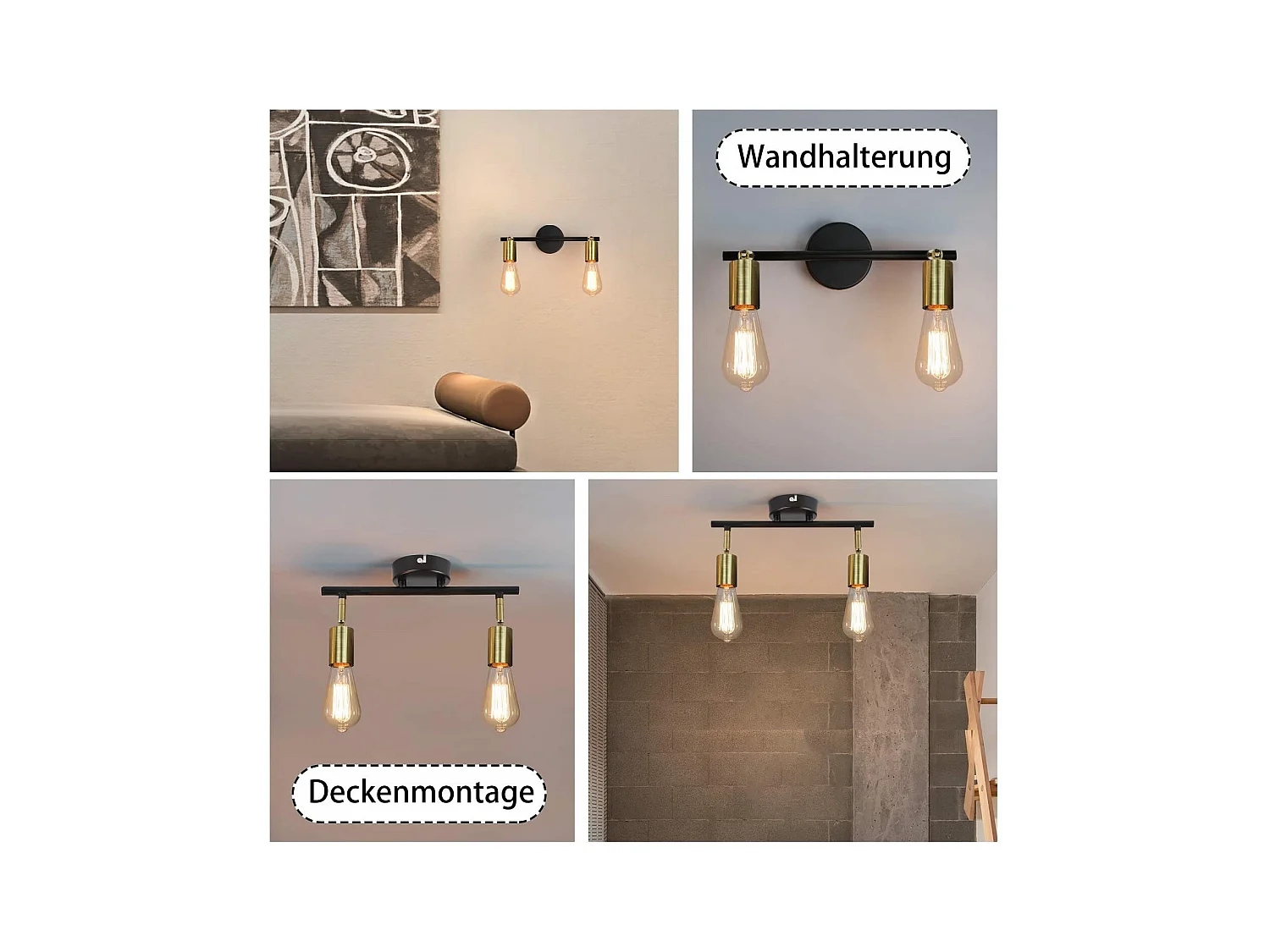 NETTLIFE 2 spots de plafond vintage E27 lampe de couloir noir et or plafond pivotant 360° industriel moderne pour cuisine couloir couloirs