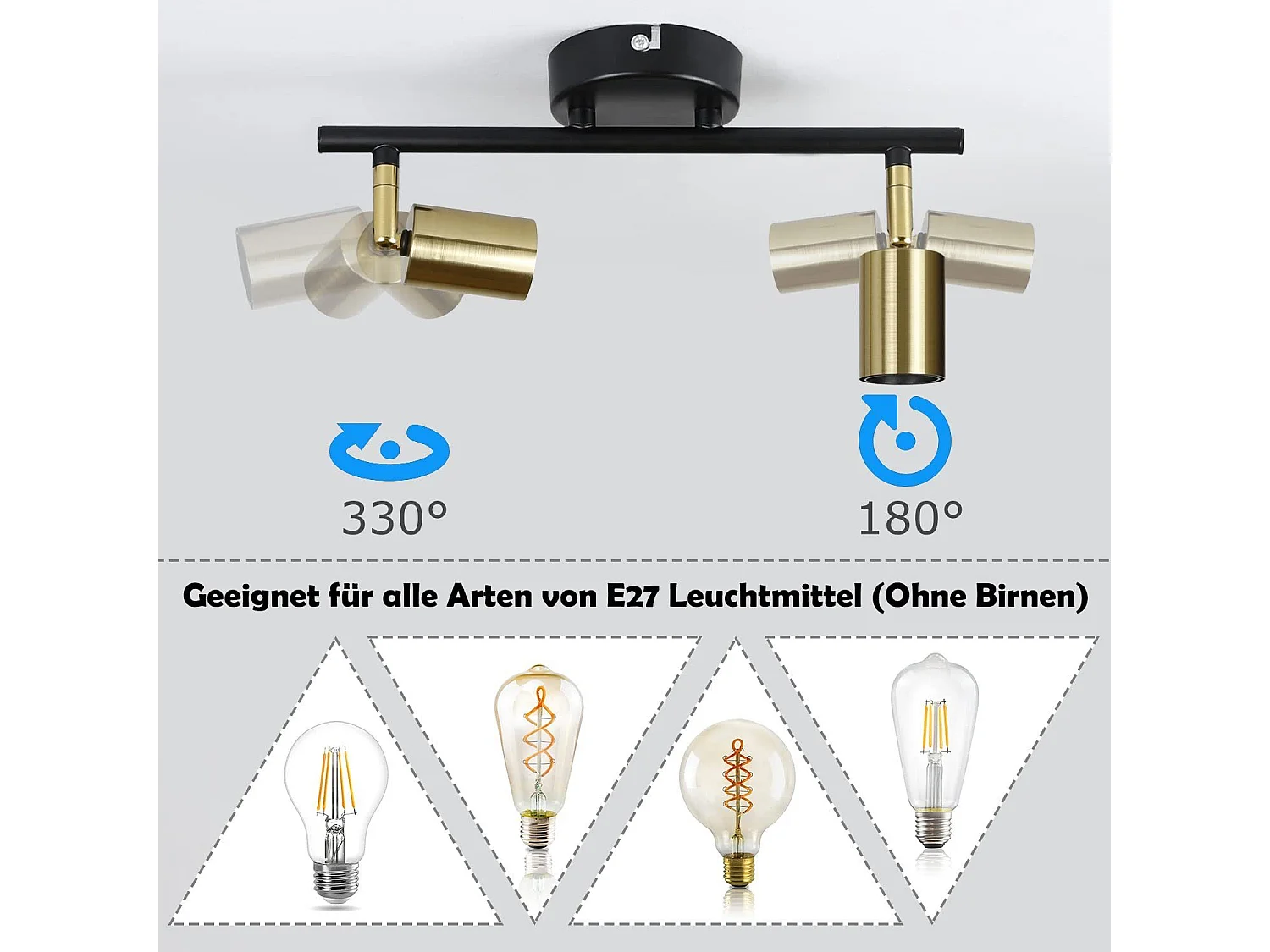 NETTLIFE 2 spots de plafond vintage E27 lampe de couloir noir et or plafond pivotant 360° industriel moderne pour cuisine couloir couloirs