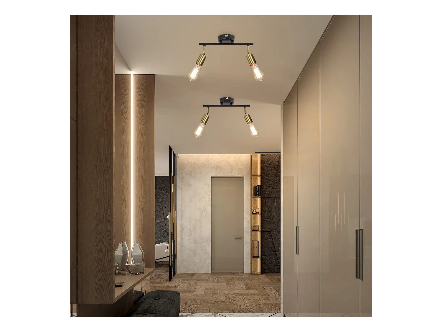 NETTLIFE 2 spots de plafond vintage E27 lampe de couloir noir et or plafond pivotant 360° industriel moderne pour cuisine couloir couloirs