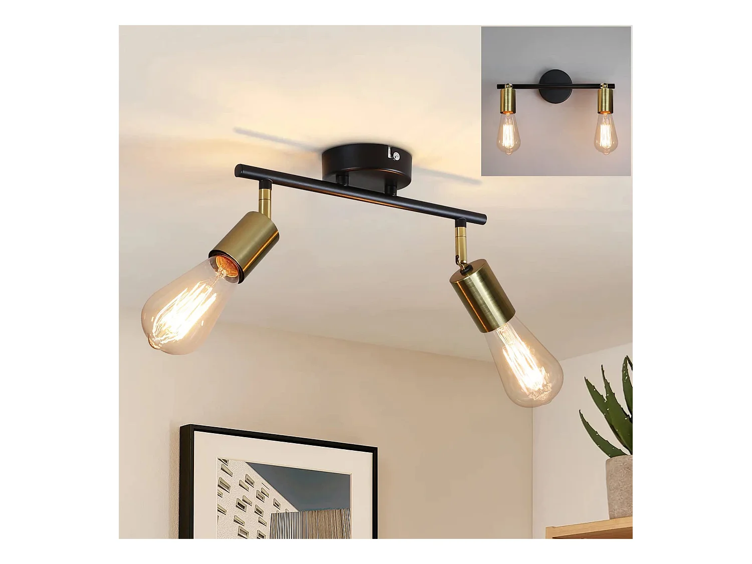 NETTLIFE 2 spots de plafond vintage E27 lampe de couloir noir et or plafond pivotant 360° industriel moderne pour cuisine couloir couloirs