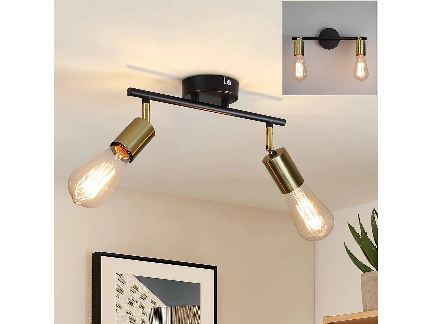 NETTLIFE 2 spots de plafond vintage E27 lampe de couloir noir et or plafond pivotant 360° industriel moderne pour cuisine couloir couloirs