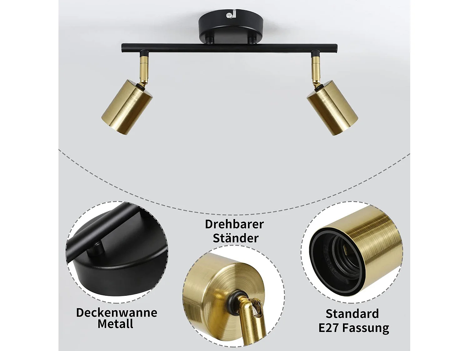 NETTLIFE 2 spots de plafond vintage E27 lampe de couloir noir et or plafond pivotant 360° industriel moderne pour cuisine couloir couloirs