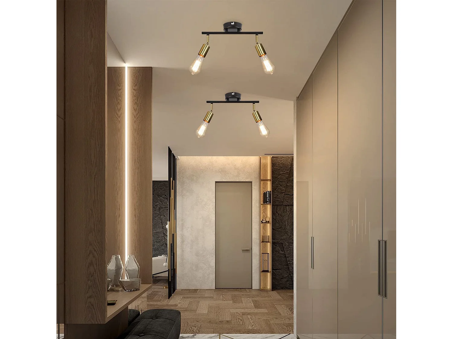 NETTLIFE 2 spots de plafond vintage E27 lampe de couloir noir et or plafond pivotant 360° industriel moderne pour cuisine couloir couloirs