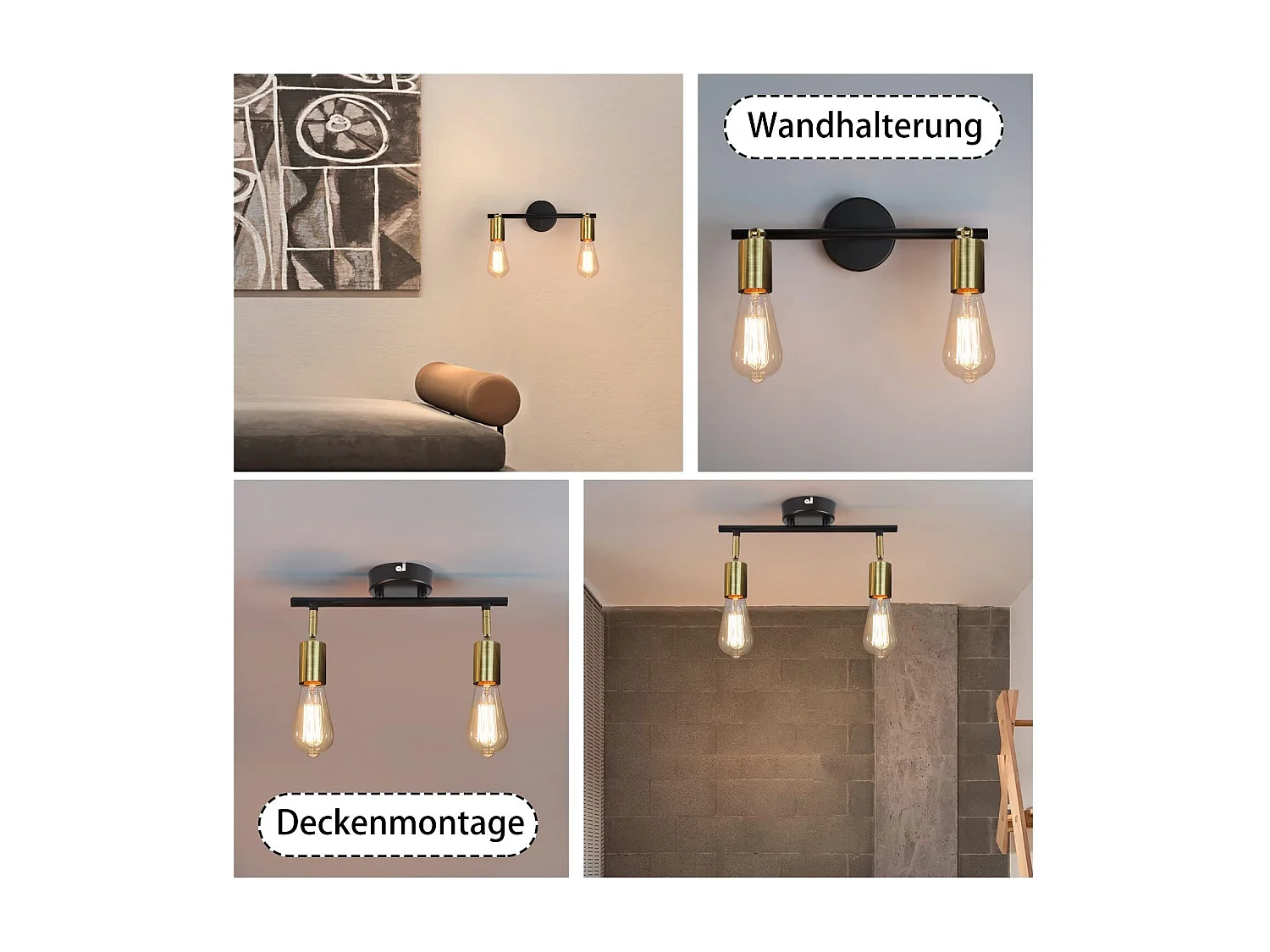 NETTLIFE 2 spots de plafond vintage E27 lampe de couloir noir et or plafond pivotant 360° industriel moderne pour cuisine couloir couloirs