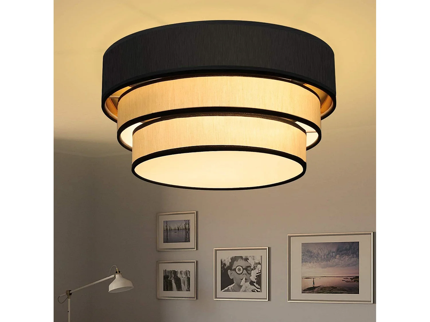 NETTLIFE Plafonnier rond Ø 40 cm pour salon en tissu moderne, abat-jour pour chambre à coucher et salle à manger, lumière en tissu E27 max 40W