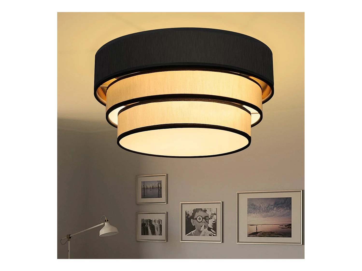 NETTLIFE Plafonnier rond Ø 40 cm pour salon en tissu moderne, abat-jour pour chambre à coucher et salle à manger, lumière en tissu E27 max 40W