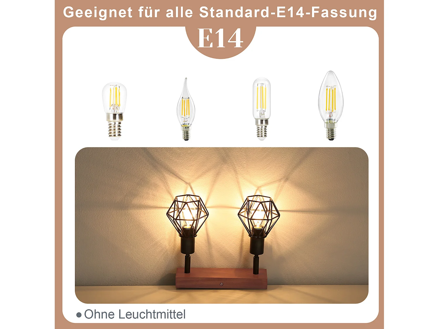 NETTLIFE 2 spots de plafond noir bois vintage E14 orientables à 350° en métal, plafonnier pour cuisine salon chambre salle à manger, max 25W