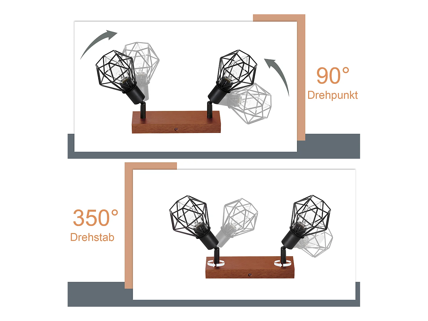 NETTLIFE 2 spots de plafond noir bois vintage E14 orientables à 350° en métal, plafonnier pour cuisine salon chambre salle à manger, max 25W