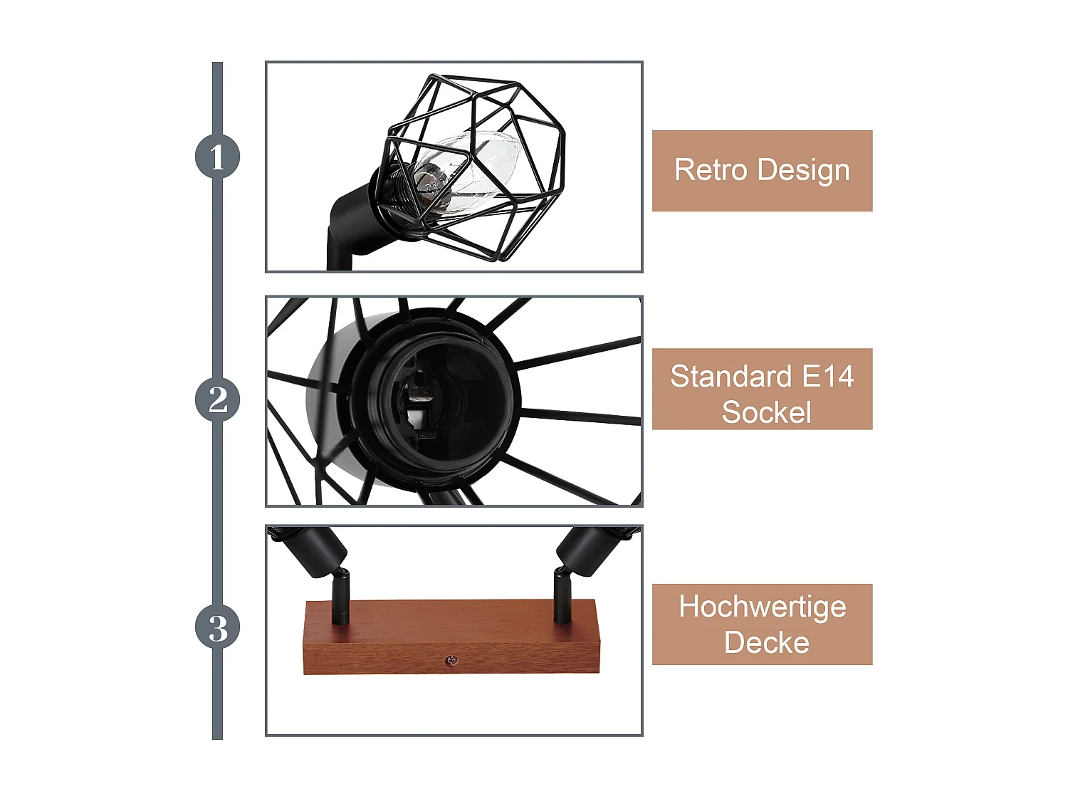 NETTLIFE 2 spots de plafond noir bois vintage E14 orientables à 350° en métal, plafonnier pour cuisine salon chambre salle à manger, max 25W