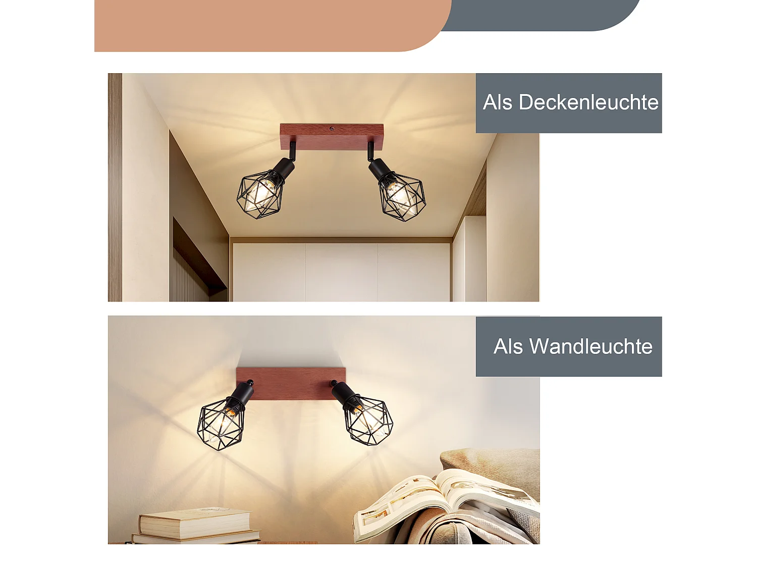 NETTLIFE 2 spots de plafond noir bois vintage E14 orientables à 350° en métal, plafonnier pour cuisine salon chambre salle à manger, max 25W