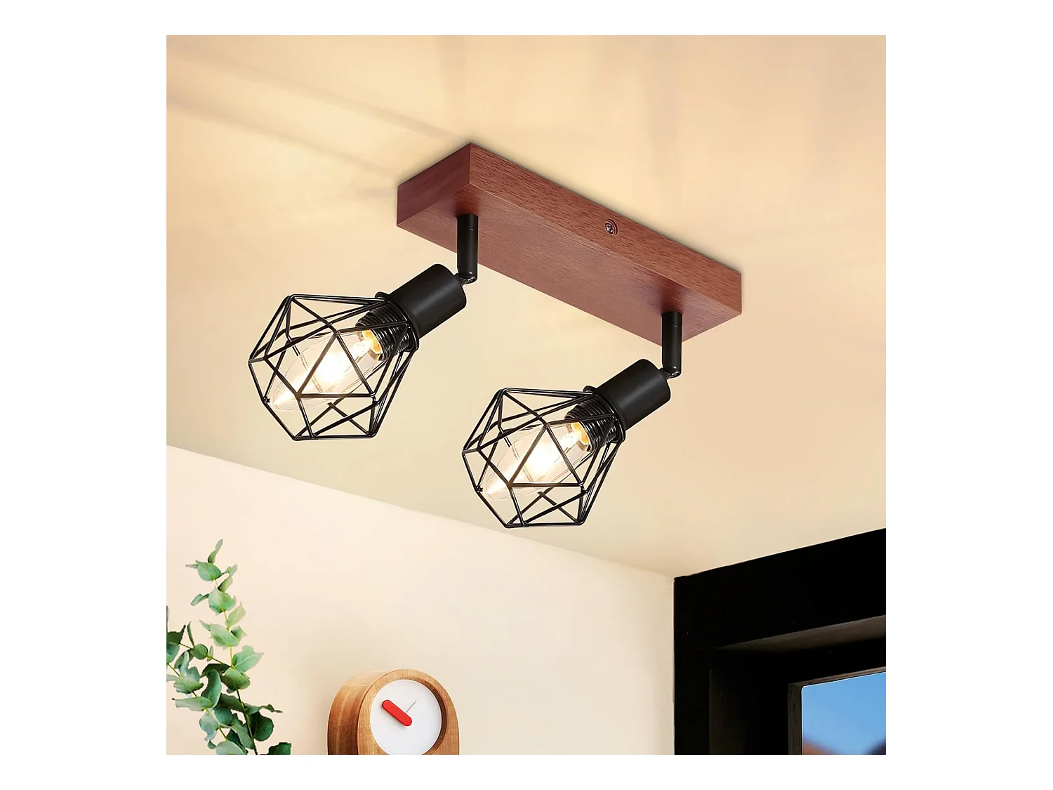NETTLIFE 2 spots de plafond noir bois vintage E14 orientables à 350° en métal, plafonnier pour cuisine salon chambre salle à manger, max 25W