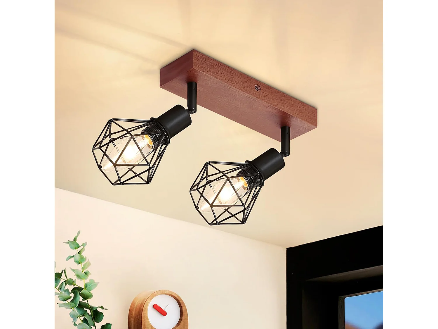 NETTLIFE 2 spots de plafond noir bois vintage E14 orientables à 350° en métal, plafonnier pour cuisine salon chambre salle à manger, max 25W