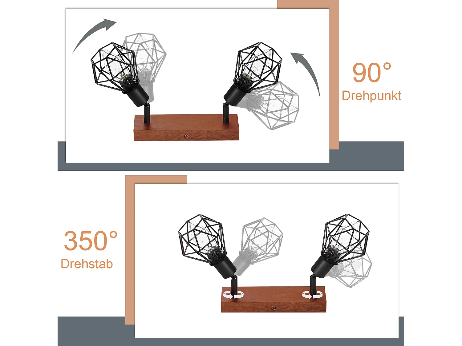 NETTLIFE 2 spots de plafond noir bois vintage E14 orientables à 350° en métal, plafonnier pour cuisine salon chambre salle à manger, max 25W