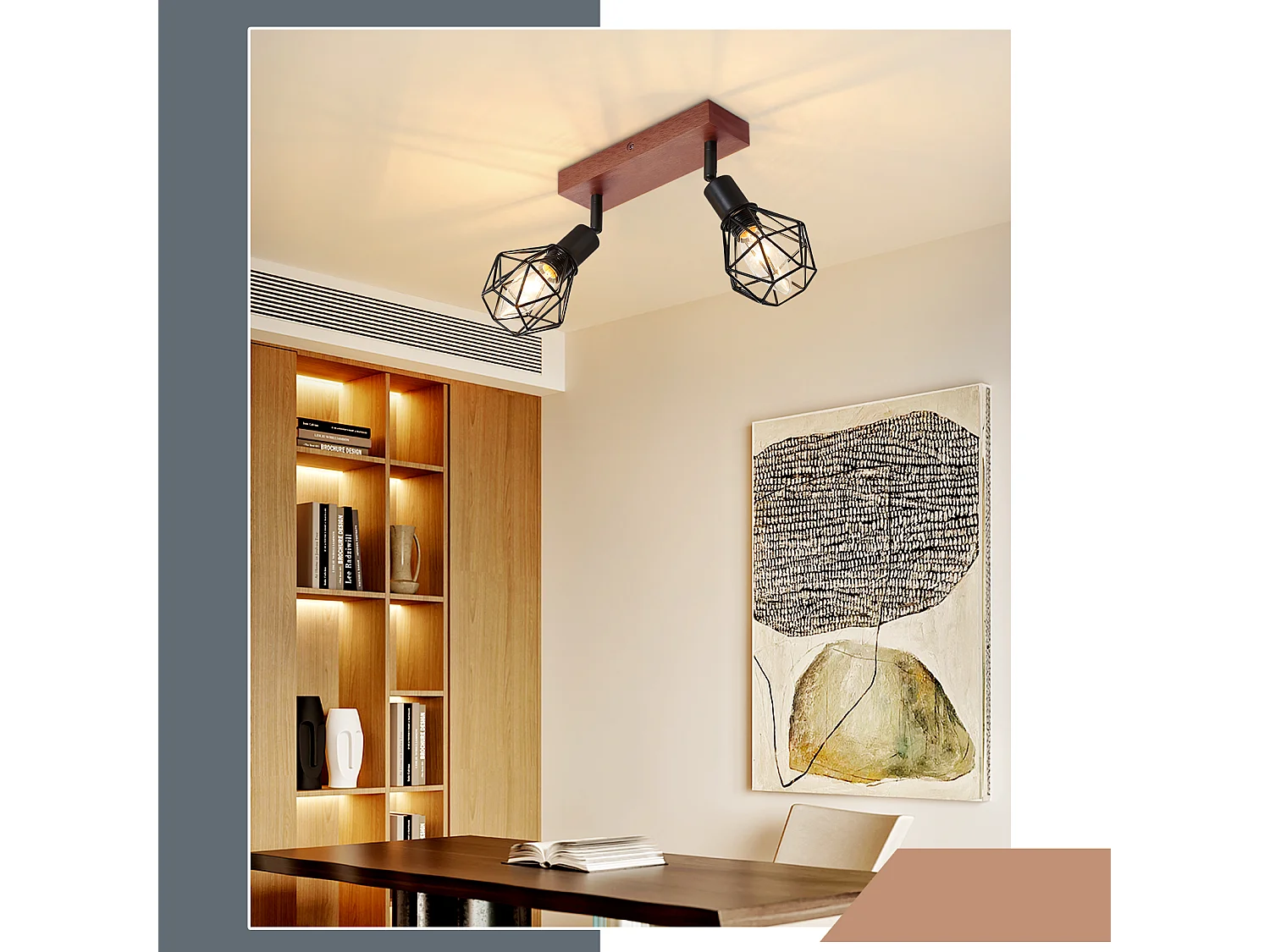 NETTLIFE 2 spots de plafond noir bois vintage E14 orientables à 350° en métal, plafonnier pour cuisine salon chambre salle à manger, max 25W