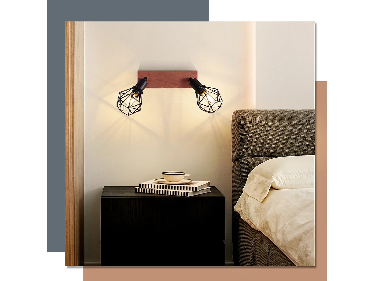 NETTLIFE 2 spots de plafond noir bois vintage E14 orientables à 350° en métal, plafonnier pour cuisine salon chambre salle à manger, max 25W