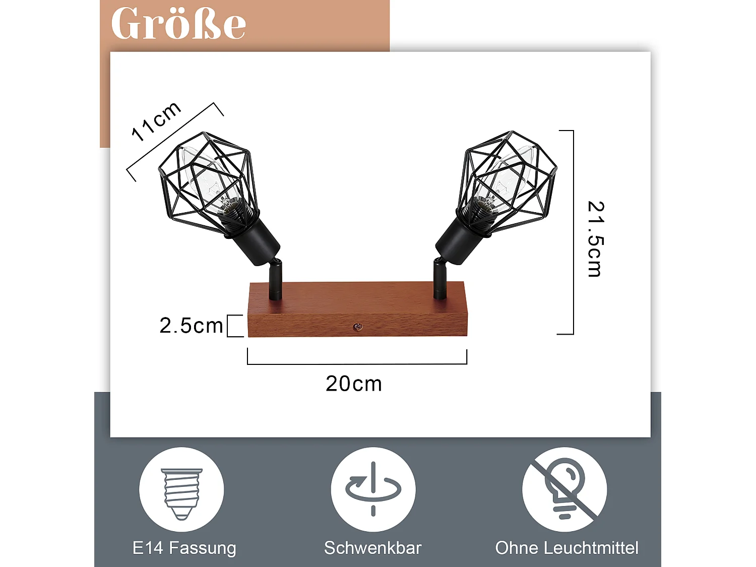 NETTLIFE 2 spots de plafond noir bois vintage E14 orientables à 350° en métal, plafonnier pour cuisine salon chambre salle à manger, max 25W