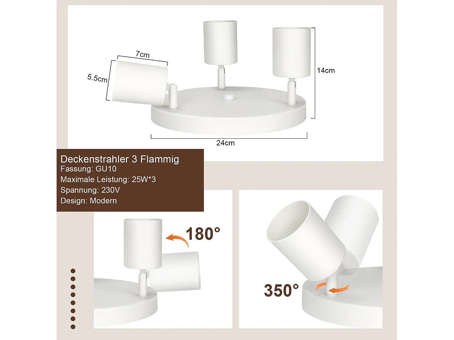 NETTLIFE 3 Spots de plafond couloir salon blanc rond GU10 en métal orientables design pour chambre cuisine