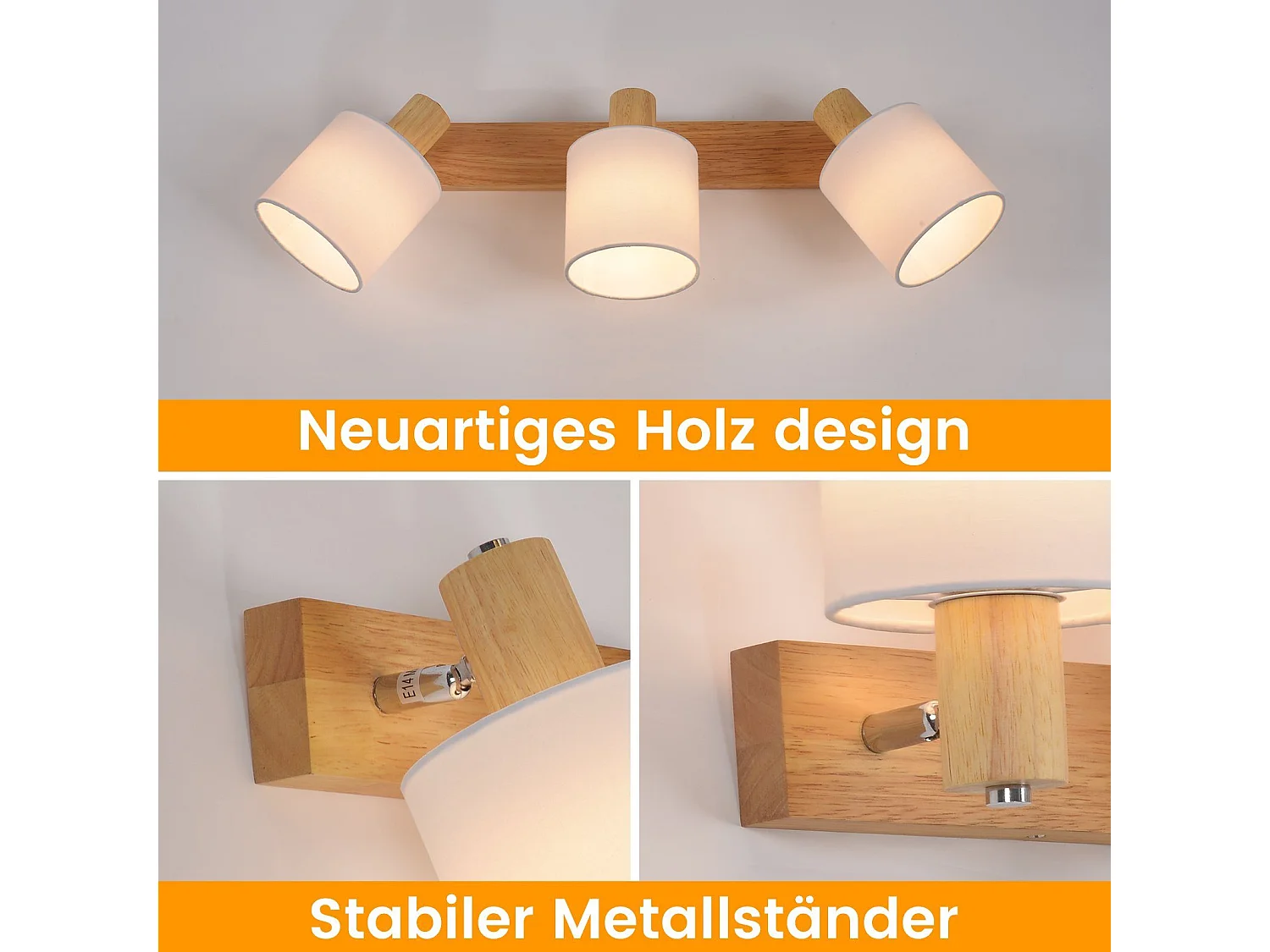 NETTLIFE 3 moderne Deckenstrahler aus Holz, 350° drehbar, E14 MAX.25W, Wandlampe für Wohnzimmer, Schlafzimmer, Küche (ohne Glühbirne)