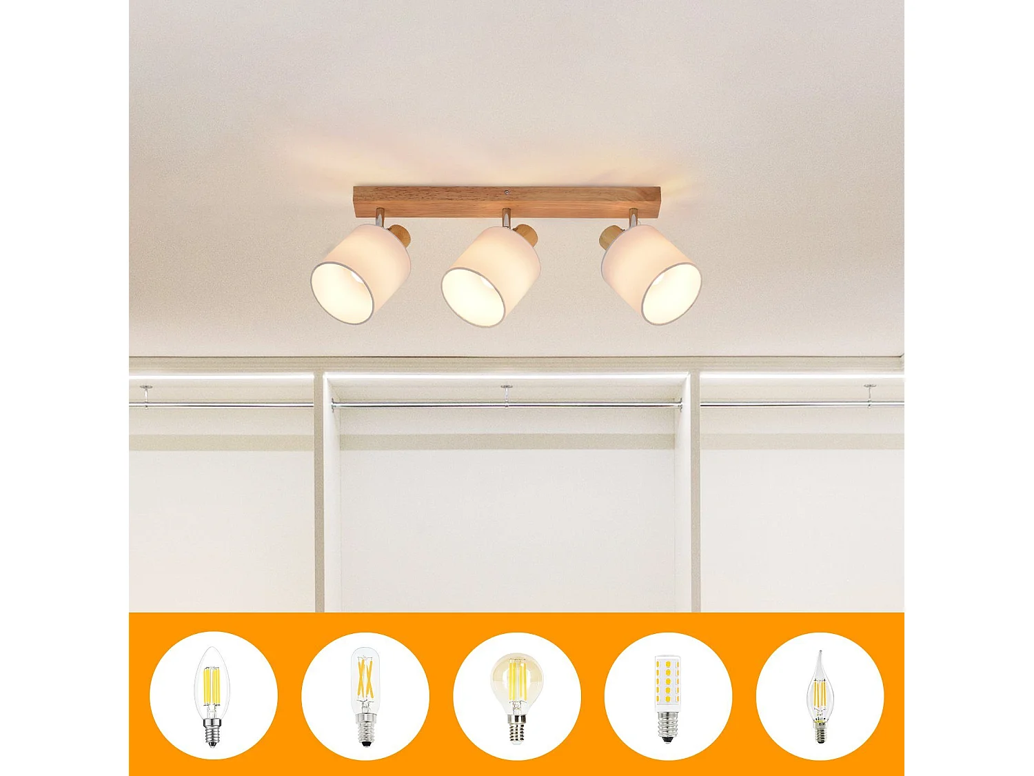 NETTLIFE 3 moderne Deckenstrahler aus Holz, 350° drehbar, E14 MAX.25W, Wandlampe für Wohnzimmer, Schlafzimmer, Küche (ohne Glühbirne)