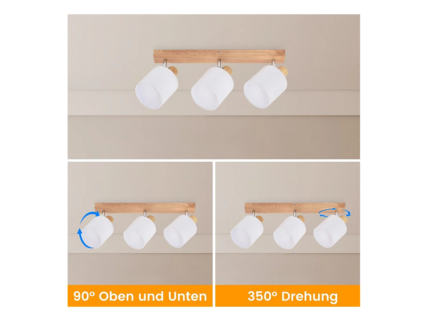 NETTLIFE 3 Spots de Plafond Couloir Mural Moderne en Bois Pivotant à 350°E14 MAX.25W Lampe pour Salon Chambre Cuisine (sans Ampoule)