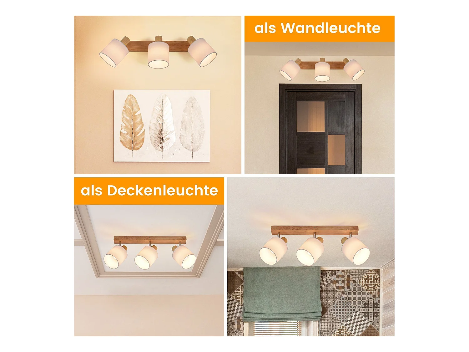 NETTLIFE 3 Spots de Plafond Couloir Mural Moderne en Bois Pivotant à 350°E14 MAX.25W Lampe pour Salon Chambre Cuisine (sans Ampoule)