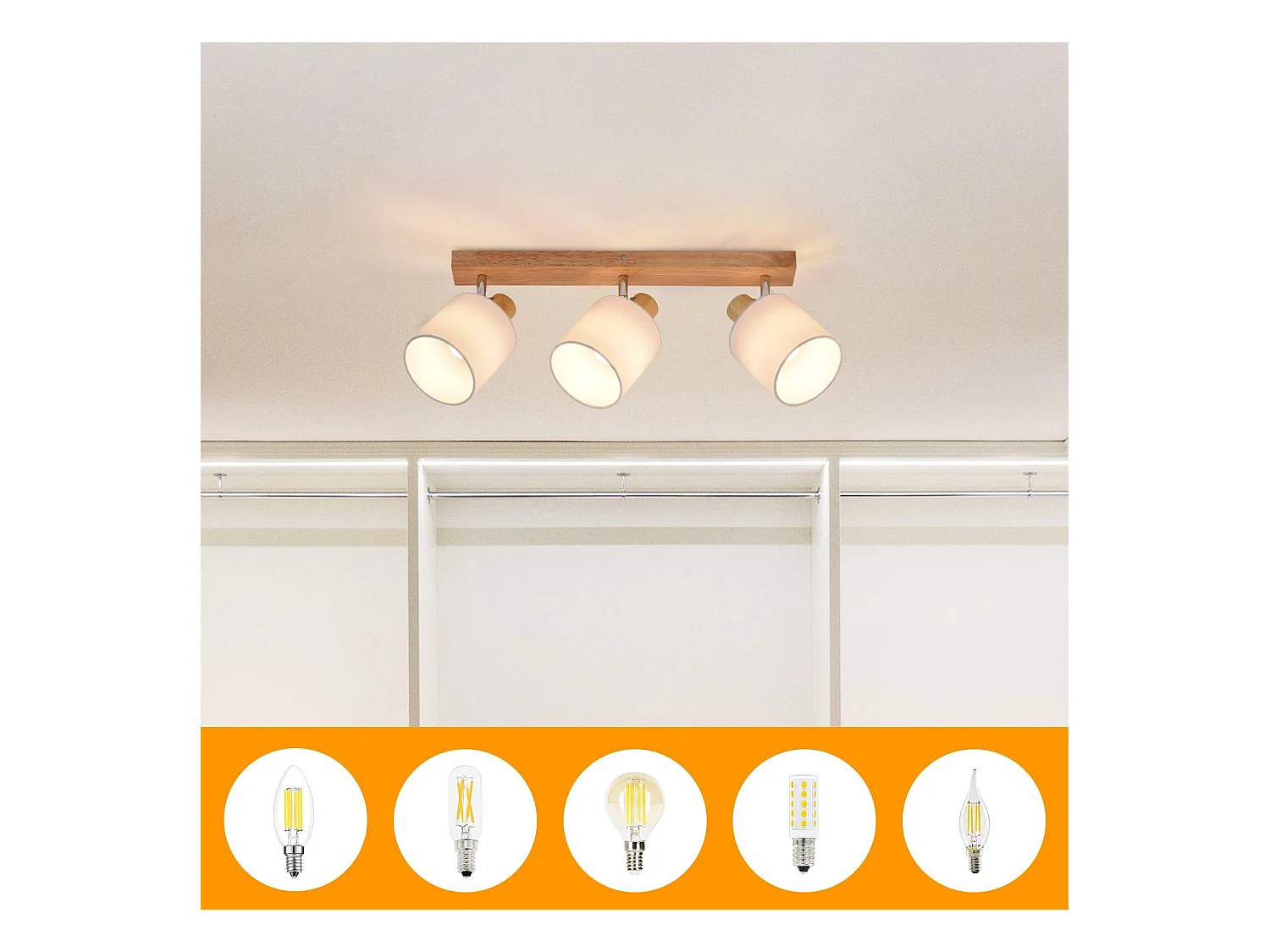 NETTLIFE 3 Spots de Plafond Couloir Mural Moderne en Bois Pivotant à 350°E14 MAX.25W Lampe pour Salon Chambre Cuisine (sans Ampoule)
